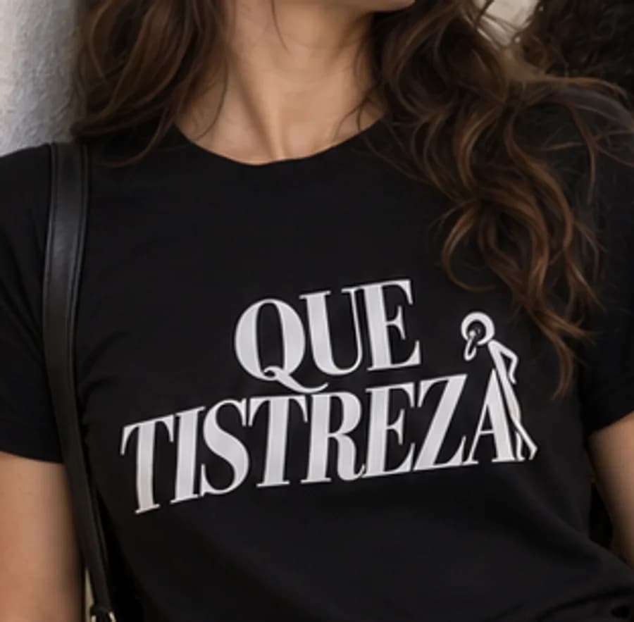 Camiseta escura com a estampa: Que tistreza.